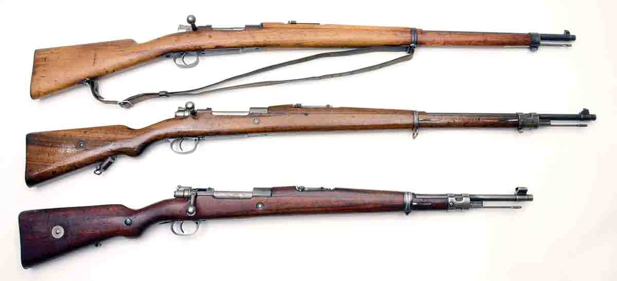 Chilean Mausers include (top to bottom): a Model 1895, Model 1912 and Model 1935. All are chambered for 7x57mm.